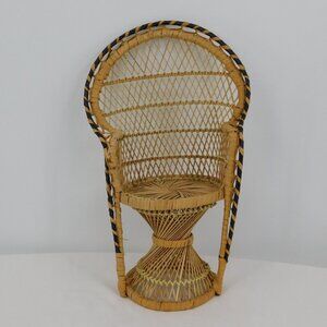 Peacock Wicker Fan Back Rattan Doll Chair Plant Stand Boho Cottage Core 15.5"